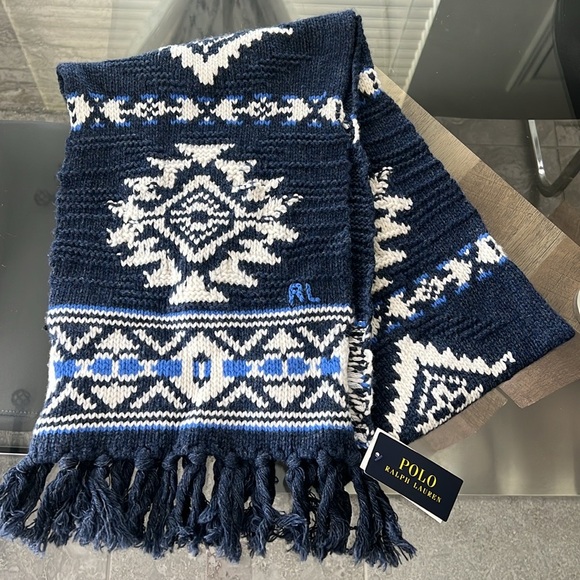 Polo Ralph Lauren Wool & Nylon Geometric Ski Scarf, Navy One Size New with Tag - Picture 1 of 8